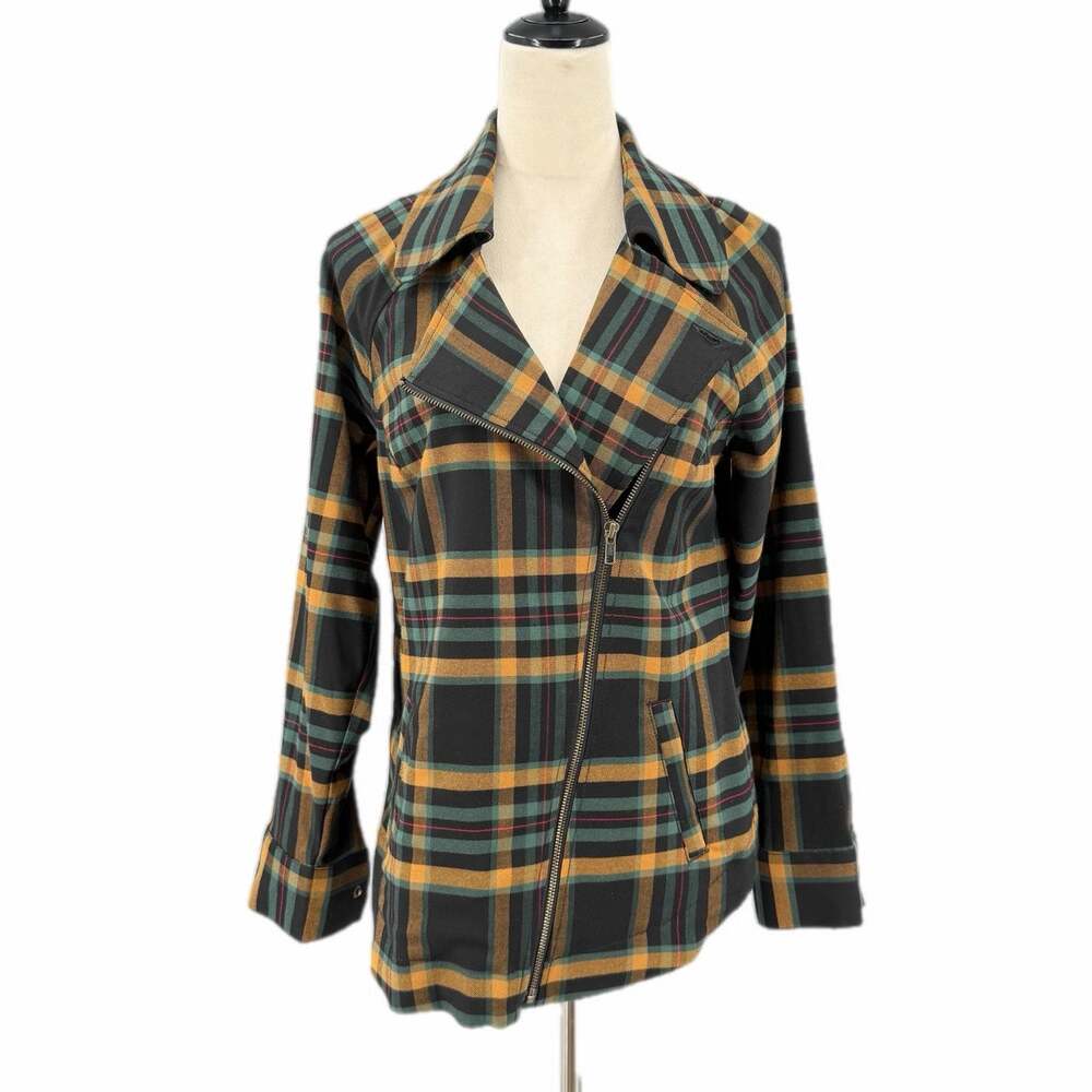 Cabi 4401 Black Green Gold Fall Layering Plaid Cabincore Classic Moto Jacket